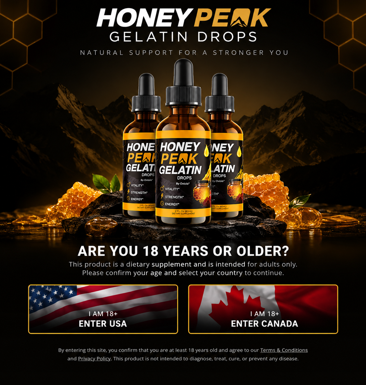 Honey Peak Gelatin Drops age confirmation page with United States and Canada access options